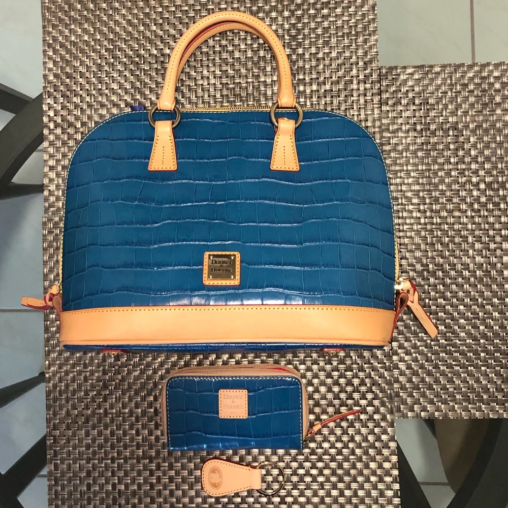 NWT 3PC D&B OAKDALE ZIP ZIP CROC EMBOSSED SATCHEL, MATCHING WALLET & KEYCHAIN